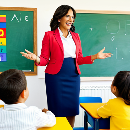 Home 4 **
"A cheerful Latina teacher in a bright, colorful classroom, fully clothed in appropriate professional attire, interacting with young children. The classroom is decorated with Spanish alphabet posters and artwork. Safe for work, appropriate content, perfect anatomy, natural proportions, family-friendly, high quality."
**