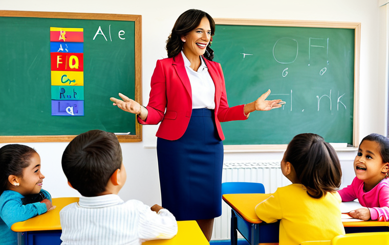 **

"A cheerful Latina teacher in a bright, colorful classroom, fully clothed in appropriate professional attire, interacting with young children. The classroom is decorated with Spanish alphabet posters and artwork. Safe for work, appropriate content, perfect anatomy, natural proportions, family-friendly, high quality."

**