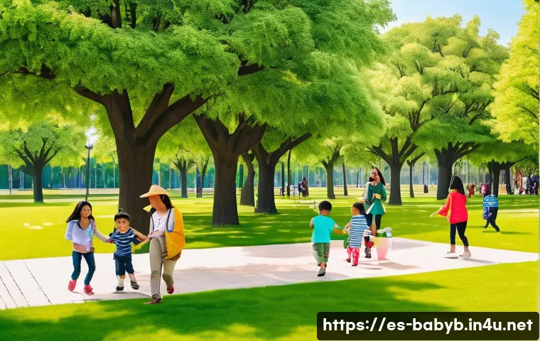 베이비버스 한국 팬클럽 활동 소개 - A lively outdoor community event in a Spanish park featuring diverse families with young children pl...