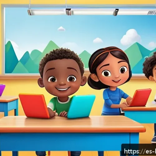 베이비버스와 비슷한 유아 콘텐츠 비교 - A vibrant and colorful digital classroom scene designed for young Spanish-speaking children, featuri...