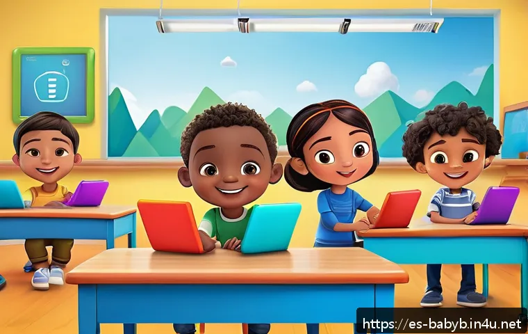 베이비버스와 비슷한 유아 콘텐츠 비교 - A vibrant and colorful digital classroom scene designed for young Spanish-speaking children, featuri...