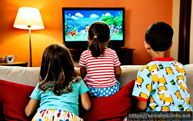 베이비버스 인기 에피소드 톱10 - Photorealistic Spanish family living room, two young children wearing colorful pajamas seated safely...